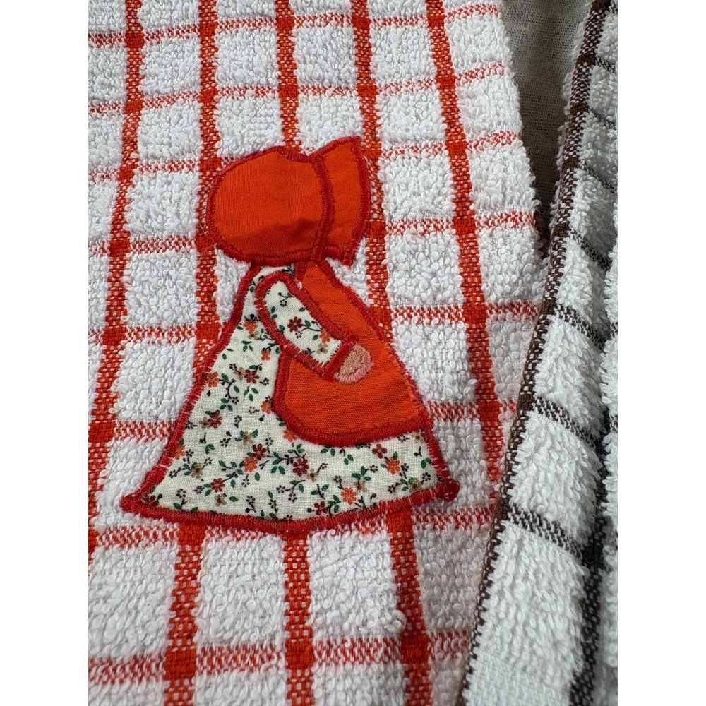 Vtg Cannon Kitchen Towels Set of (3) Sunbonnet Girl Applique Fringe Brown Orange - Picture 8 of 11